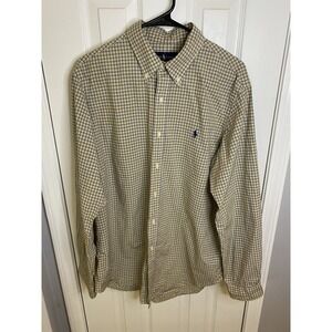 Ralph Lauren Button Down Shirt Mens Large Yellow Navy  Plaid Long Sleeve Pony